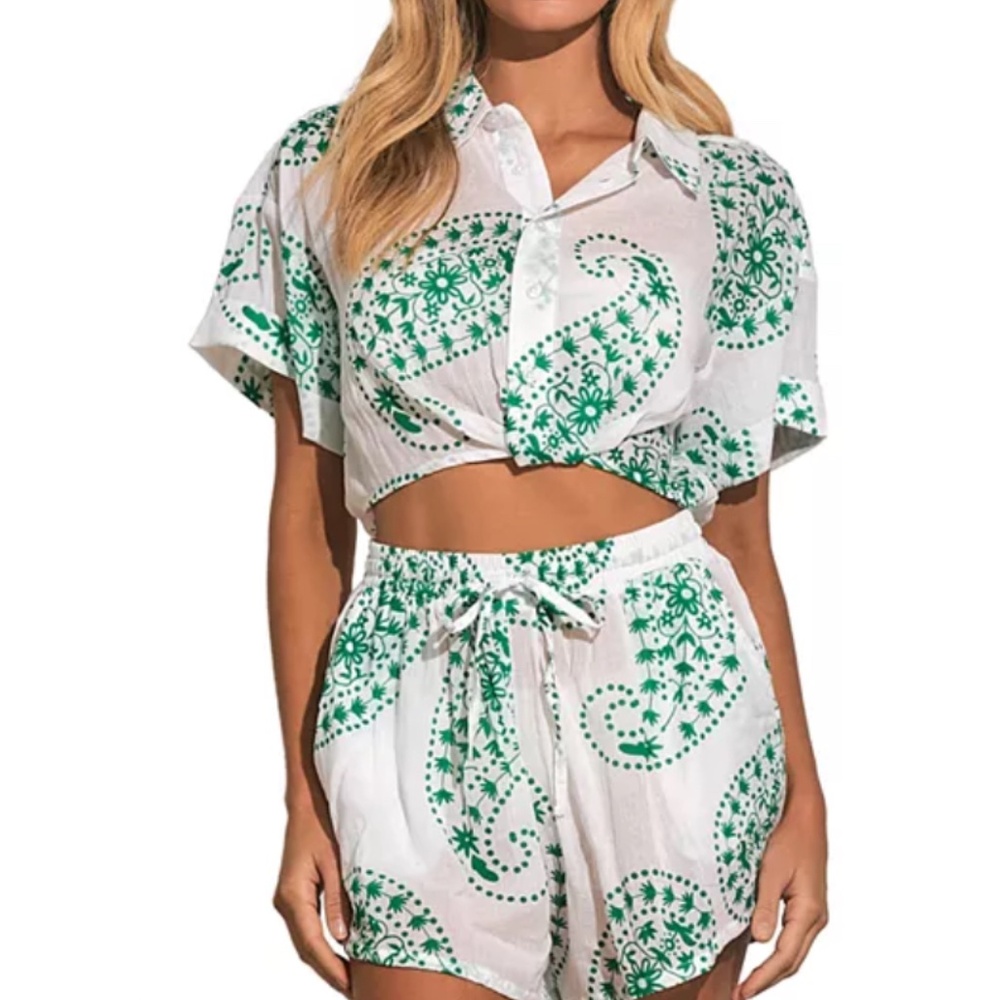 Elan Printed Button Down Cover Up Shirt